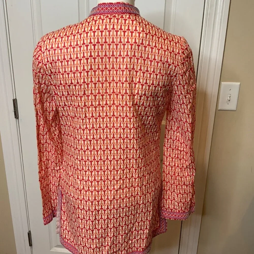 Tory Burch Pink Red T Embroidered Tunic Top, Size 2